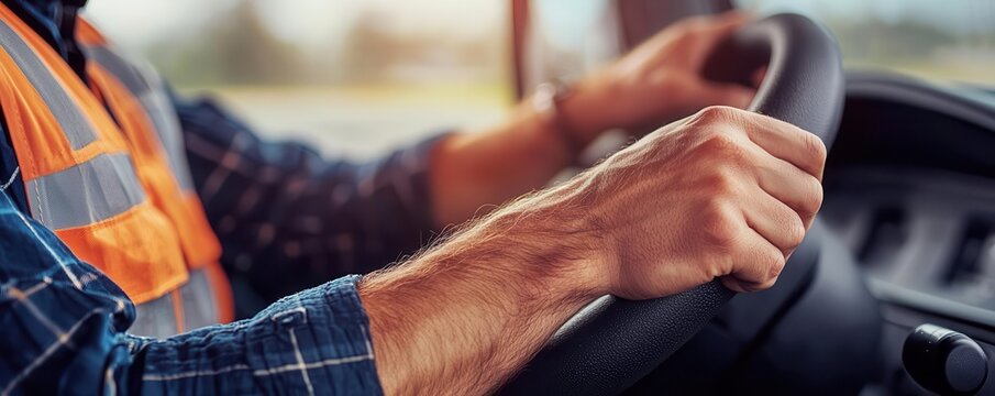 Closeup of a driver s hands on the wheel of a freight truck, symbolizing the role of truck drivers in logistics and longdistance transport Truck driver, Logistics transport