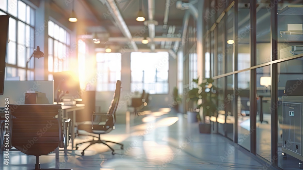 Wall mural industrial office with cubicles and large windows blurred for modern style