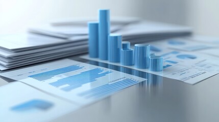 A collection of reports and blue bar graphs on a reflective surface for data analysis.