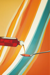 Syrup poured in a spoon with geometric background