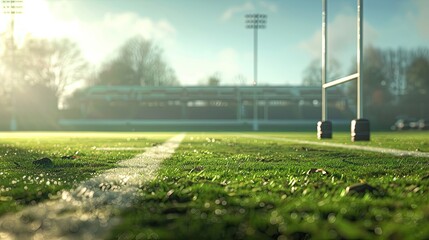 Obraz premium Rugby field wallpaper featuring distant goalposts and a subtle blurred background