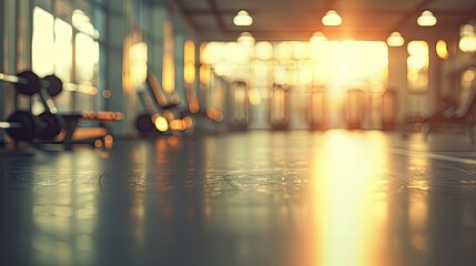Blurred wallpaper of an indoor gym with exercise equipment and soft lighting background