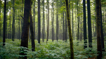 Blurred bokeh of a lush, green forest