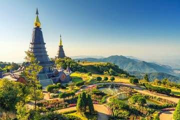 Thailand temple Doi Inthanon Summit most famous travel destination in the north Thailand, featuring a majestic temple in Doi Inthanon National Park, the highest point in the country, also known as The