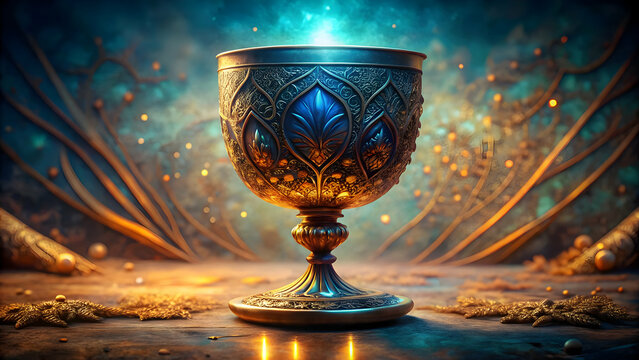  glowing, enchanted goblet decorated with intricate, ancient patterns sits on a richly textured surface. The goblet&rsquo;s magical aura pulses softly, illuminating its surroundings