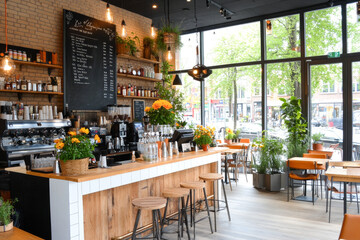 Fototapeta premium A cozy cafe interior featuring a counter with stools