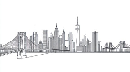 A minimalist line art depiction of a city skyline with bridges.