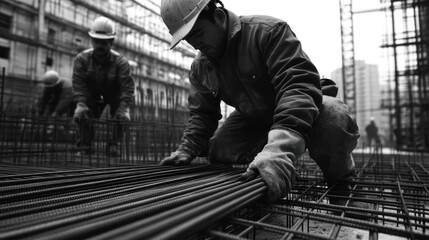 Construction worker placing steel rebar on a concrete foundation.