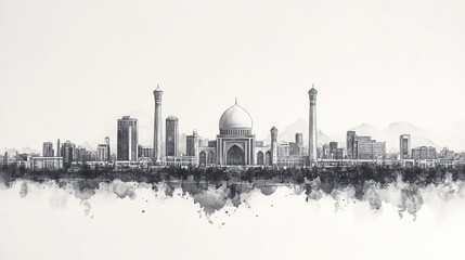 Fototapeta premium Ashgabat, Turkmenistan, black and white pen pencil hand-drawn effect drawing illustration for travel poster, card, wallpaper, backdrop or banner. Modern, clear, artistic and simple