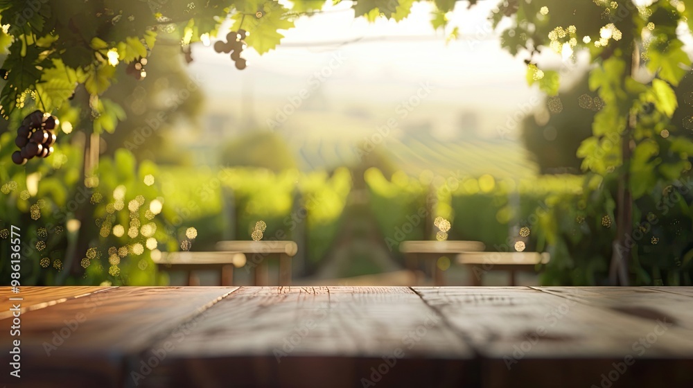 Wall mural Blurred vineyard wine tasting area with softened tables and clear sky background