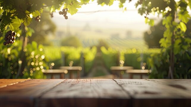 Blurred vineyard wine tasting area with softened tables and clear sky background