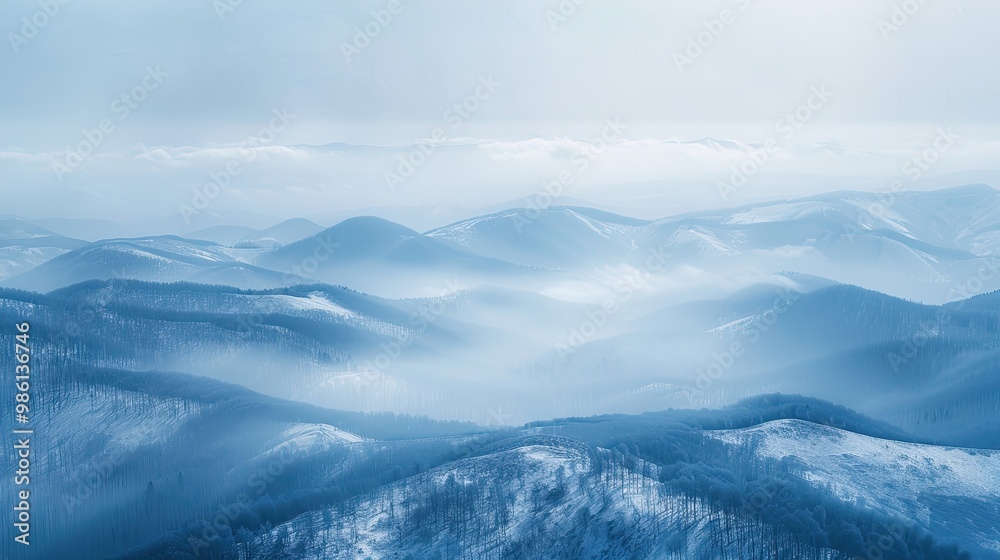 Poster Blurred snowy mountains with softened peaks and cloudy sky for chilly atmosphere