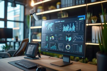 Naklejka premium Smart Office Energy Management Digital Dashboard Displaying Real-Time Usage and Savings Analytics