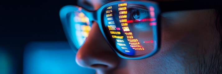 Close-up of code reflecting in a developer's glasses with blue lighting. Intense focus on software development and IT project.