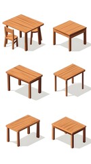 Set of vector illustrations of different wooden tables, desks, and cabinets isolated on a white background. Flat cartoon design.