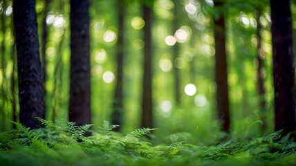 Fototapeta premium Blurred bokeh of a lush, green forest