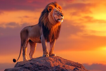 Majestic Lion. African Savannah Sunset. Powerful King of Jungle. Wildlife Animal Photography. Background Room for Text Space.