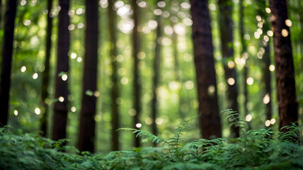 Obraz premium Blurred bokeh of a lush, green forest