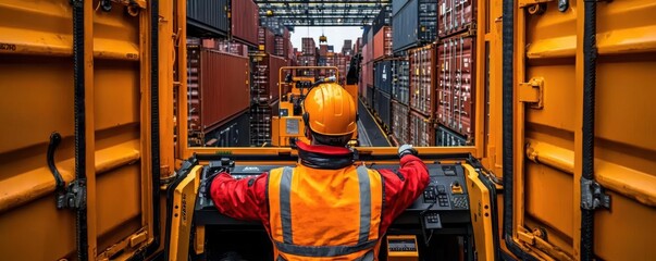 Closeup of a shipping crane operator controlling the loading of containers, symbolizing the human role in maritime logistics Crane operator, Cargo handling