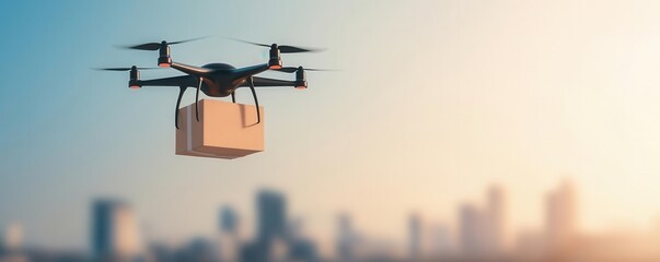 A drone flying over a city skyline with a package, symbolizing innovative and futuristic delivery solutions for urban areas Drone delivery, Futuristic transport