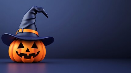 Halloween Pumpkin with Witch Hat on Dark Background