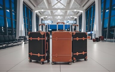 Elegant Suitcases in Modern Airport Setting During Evening Light