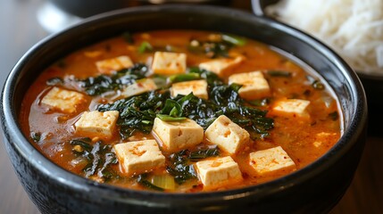 Vegetarian tofu soup is often served with a side of rice or noodles to make it a more filling meal