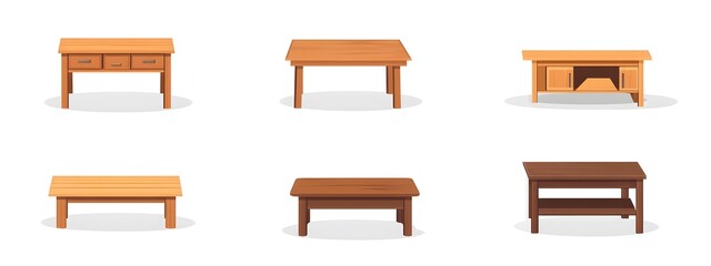 Set of vector illustrations of different wooden tables, desks, and cabinets isolated on a white background. Flat cartoon design.