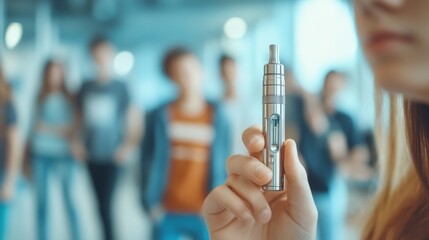 Teenage girl holding electronic cigarette surrounded by students