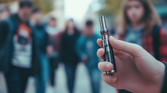 Teenager holding electronic cigarette in urban setting