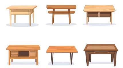 Set of vector illustrations of different wooden tables, desks, and cabinets isolated on a white background. Flat cartoon design.