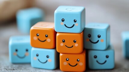 A stack of blue and orange blocks with painted-on smiley faces.