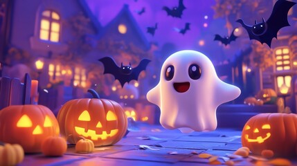 Friendly ghost with pumpkins and bats on Halloween night.