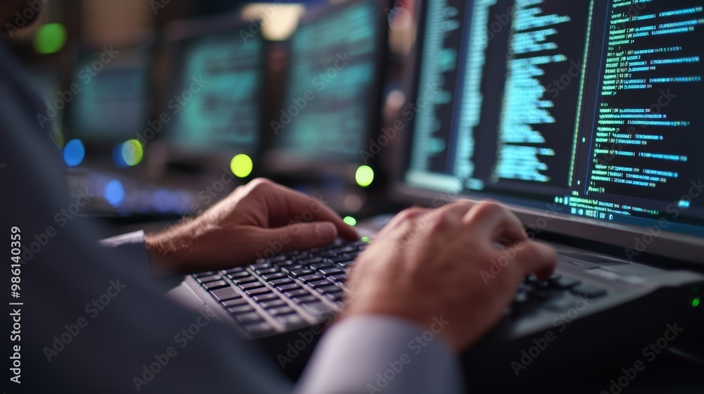 Poster Hands on a laptop keyboard with code displayed on multiple screens in a low-light office. Focus on coding in an IT environment.