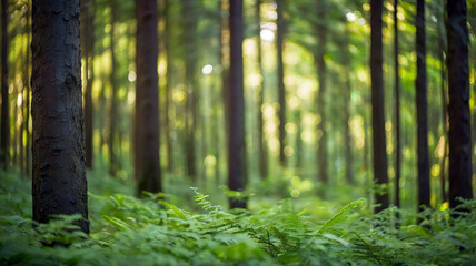 Naklejka premium Blurred bokeh of a lush, green forest