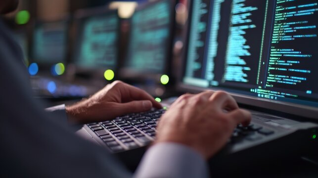 Hands on a laptop keyboard with code displayed on multiple screens in a low-light office. Focus on coding in an IT environment.