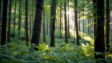 Blurred bokeh of a lush, green forest