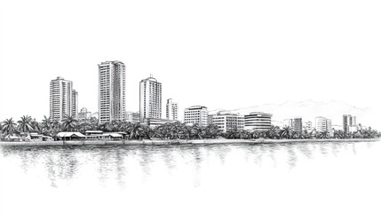 Fototapeta premium Bacolod, Philippines, black and white pen pencil hand-drawn effect drawing illustration for travel poster, card, wallpaper, backdrop or banner. Modern, clear, artistic and simple