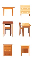 Set of vector illustrations of different wooden tables, desks, and cabinets isolated on a white background. Flat cartoon design.