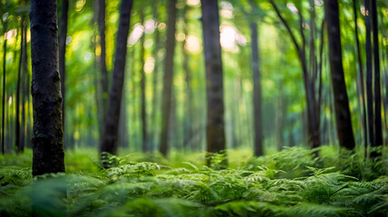 Fototapeta premium Blurred bokeh of a lush, green forest