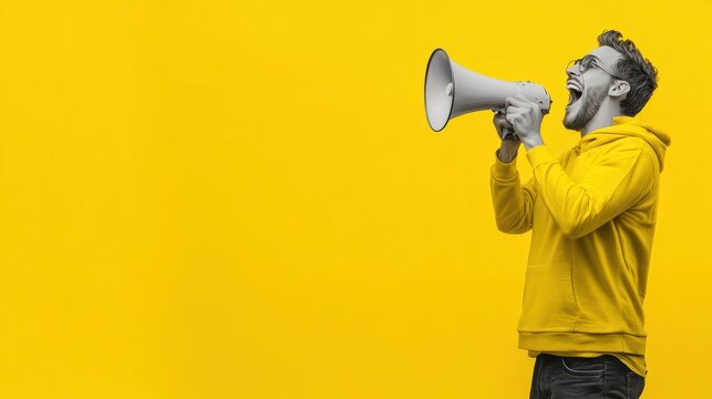 Black Friday flyer template with euphoric man on a yellow background using megaphone and copy space