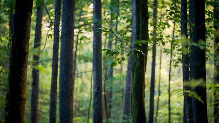 Blurred bokeh of a lush, green forest