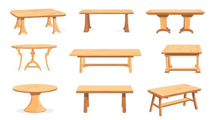 Set of vector illustrations of different wooden tables, desks, and cabinets isolated on a white background. Flat cartoon design.