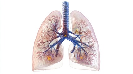 A transparent view of the human lungs with trachea and bronchi.