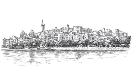 Fototapeta premium Baku, Azerbaijan, black and white pen pencil hand-drawn effect drawing illustration for travel poster, card, wallpaper, backdrop or banner. Modern, clear, artistic and simple