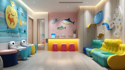 Pediatric clinic filled with playful decor where children wait for medical consultations while parents discuss treatment options