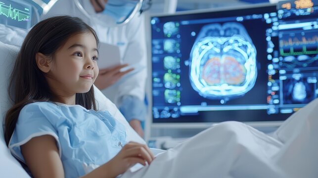Pediatric patient interacting with medical technology as doctors prepare for surgery discussions with parents in a sleek clinic