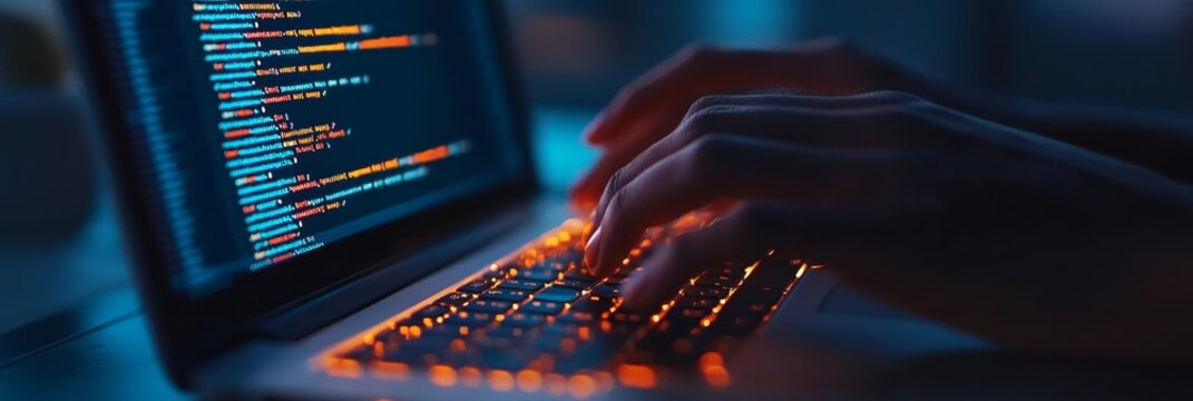 Close-up of hands coding on a laptop with glowing orange keys and a dark background. The screen displays lines of code, representing programming and development.