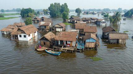 A village submerged under floodwaters, with residents taking refuge on rooftops and in makeshift boats, showcasing the desperate situation faced by those affected by severe flooding.