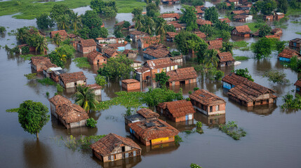 A village submerged under floodwaters, with residents taking refuge on rooftops and in makeshift boats, showcasing the desperate situation faced by those affected by severe flooding.